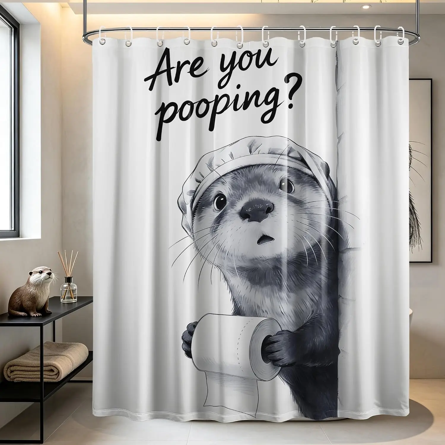 Humorous Beaver Shower Curtain Novelty Bathroom Decor Gag Gift Funny Pooping Scene Pop Art Print Bath Curtain for Home Bathroom