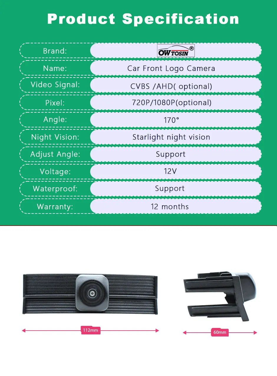 170° AHD 1080P Fisheye Vehicle Parking Car Camera For Toyota Highlander Kluger XU70 2020 2021 2022 2023 Front Logo View Camera