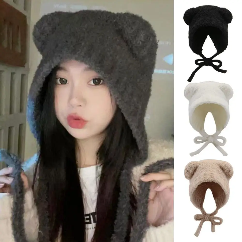 Cute Lace-up Bear Ears Knit Hat Slouchy Warm Ear Protection Hat Cold-proof Fleece Lined Beanie Cap Winter