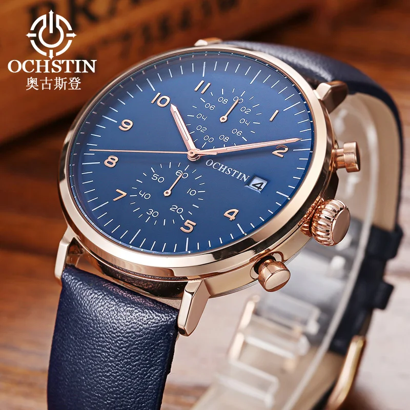 OCHSTIN Pilot Series Clock Man Quartz Movement Watches Male Leather Strap Watch Men‘s Arabic Numeral Dial Waterproof Wristwatch