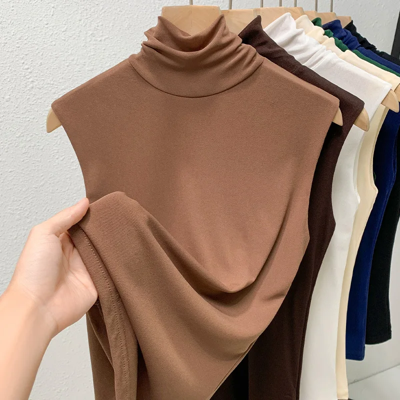 Elastic Mesh High Neck T-shirt New Women's Solid Color Plus Size Sleeveless Basic Top