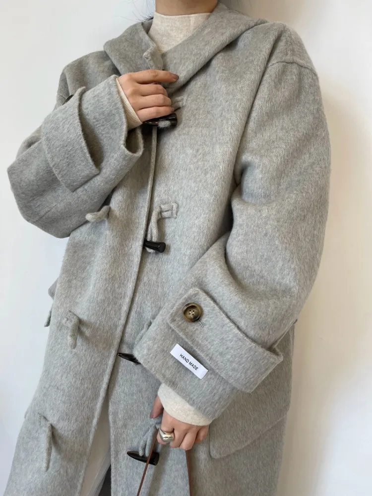 Winter Women Fashion Mid Length Turn Down Collar Woolen Coat Warm Long Loose Single Breasted Hooded Solid Color Lady Outerwear