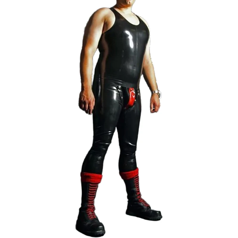 Black And Red Sexy Sleeveless Latex Vest Catsuit With Codpiece Without Zipper Round Collar Hole Rubber Tank Jumpsuits Zentai 265 view 3