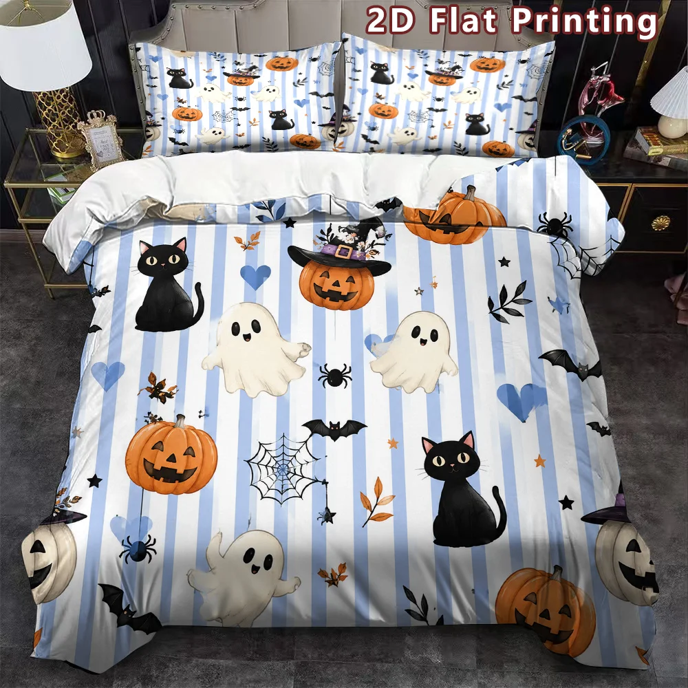 Latest Printed Quilt Cover Set, 1 Quilt Cover + 2 Pillowcases (Without Filling) 2D Flat Halloween-Themed Quilt Cover Set, Watercolor Texture, Breathable Polyester Bedspread, Elegant Fern-Patterned Quilt Cover, Three-Piece Printed Quilt Cover Set for Cozy Bedroom Decor (Suitable for All Seasons, Machine Washable, Invisible Zipper, Large Quilt Cover Set, Bedding Set Quilt Cover