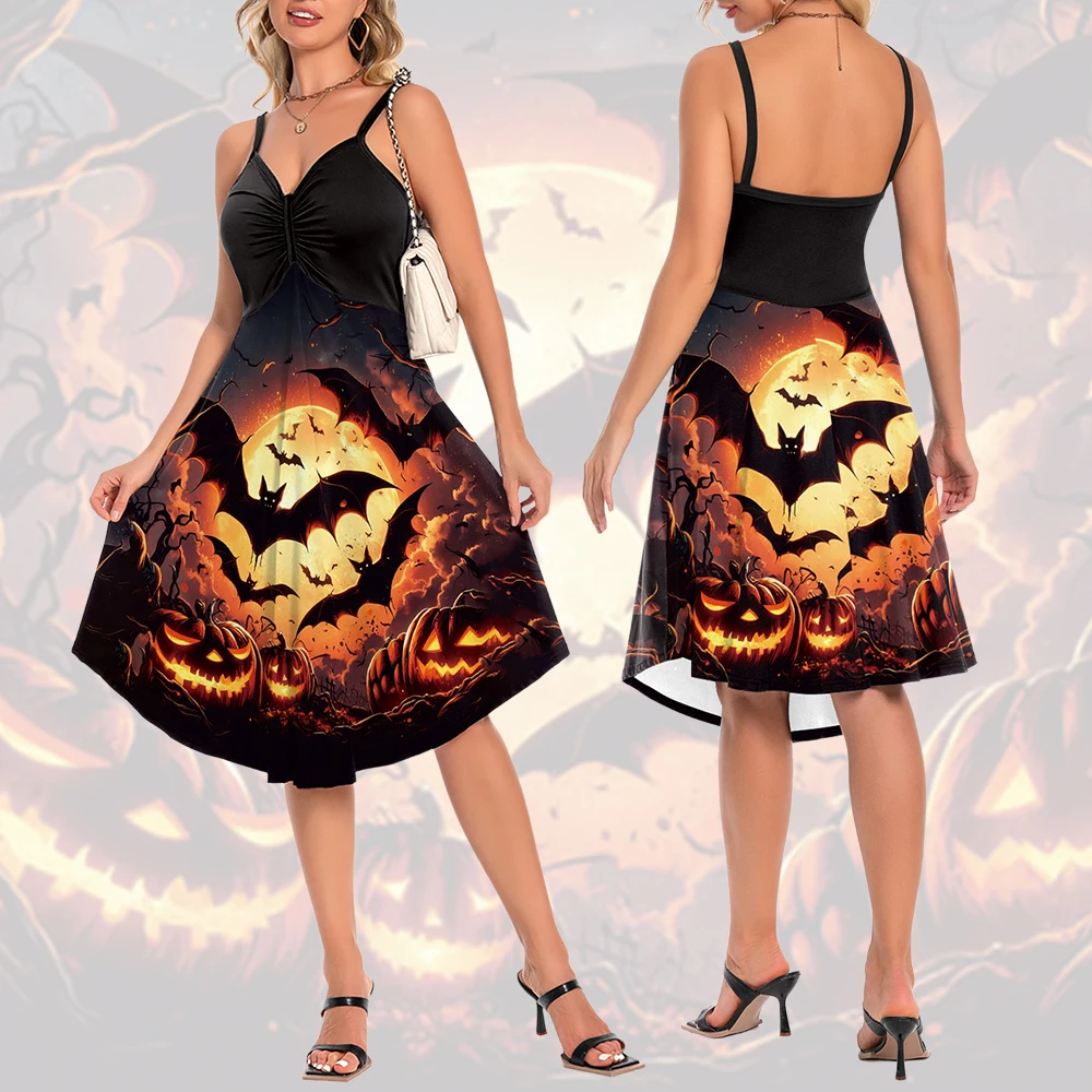 

Color Cosplayer Bat Pumpkin Dress Gothic Party Dress Halloween Cosplay Costume V Neck Evening Dress Carnival Witch Outfit