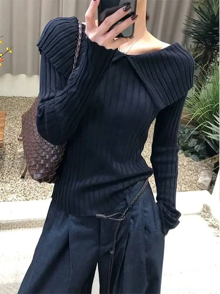 

Облегающий вязаный свитер с длинными рукавами для женщин с отложным воротником, осенняя мода, утягивающие однотонные пуловеры в полоску, Новое поступление, F228