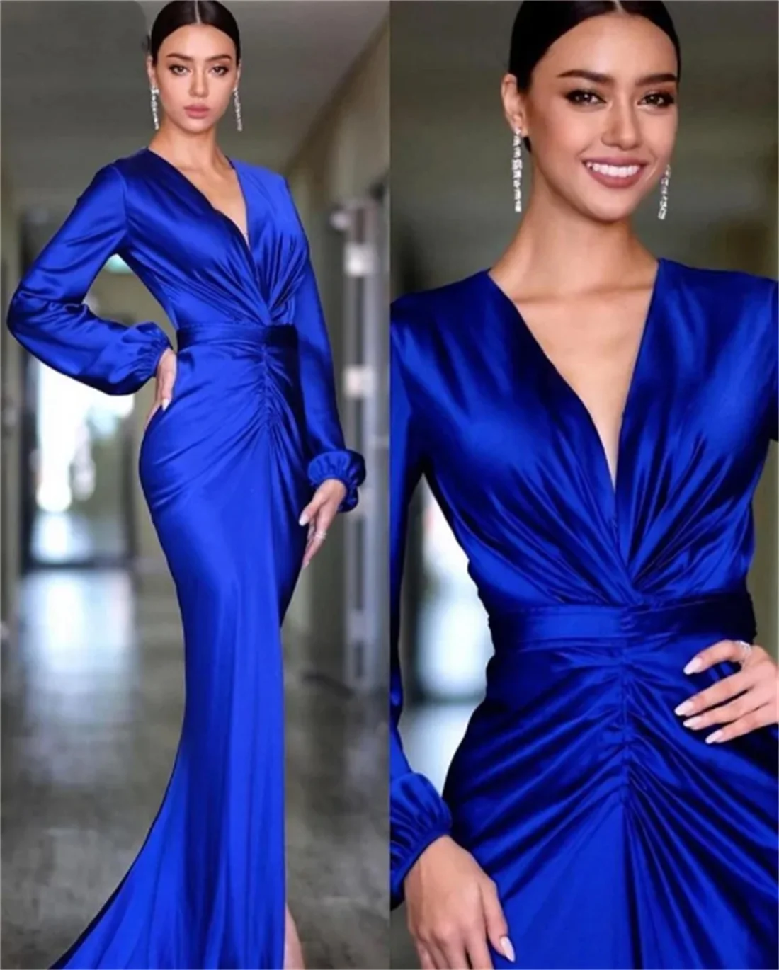 

Stunning Royal Blue Evening Dresses Deep V Neck Long Sleeve Mermaid Arabic Prom Dress For Women Vestidos En Oferta Liquidación