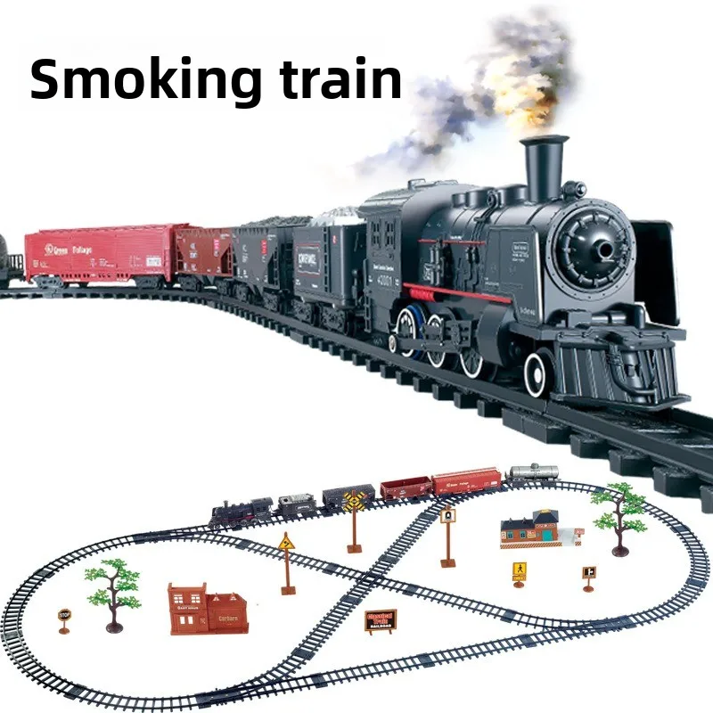 

Classic Train Track Toy Set Retro Steam Locomotive Alloy Engine Extra-Long Tracks Multiple Carriages (Batteries Not Included)