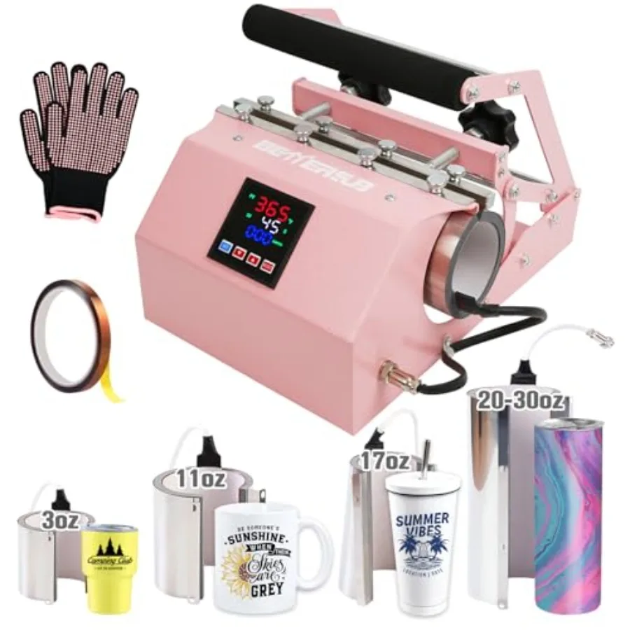 

4in1 Set 3oz Shot Glass Tumbler Heat Press Machine: 30oz/20oz Sublimation Straight Skinny Tumbler, 11oz/15oz/16oz/17oz Sublimat