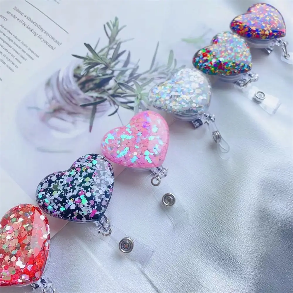 Love Heart Retractable Badge Holder Bling Glitter Alligator Swivel Clip Nurse Badge Reel Name Card Exhibition Card