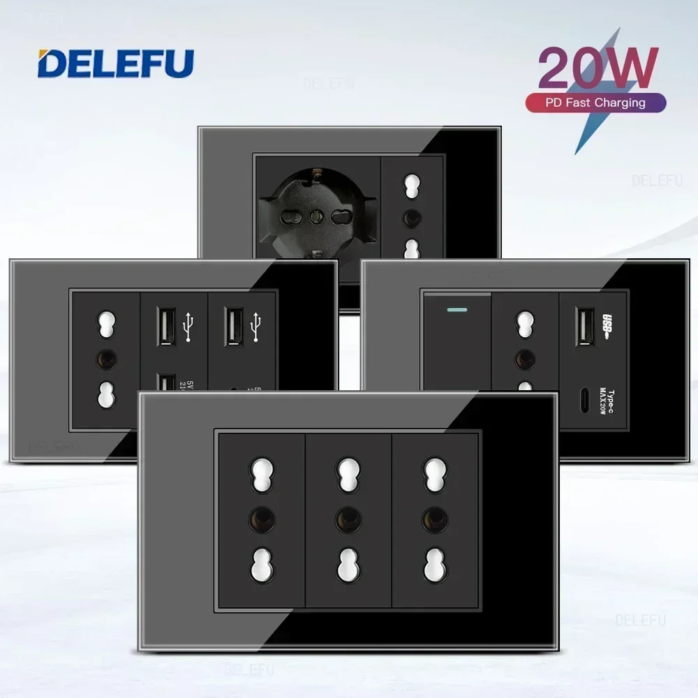 DELEFU Black Tempered Glass Italy USB TypeC Fast Charging Wall Socket Schuko Tuya Wifi Smart Switch Sat TV Tel Doorbell Chile