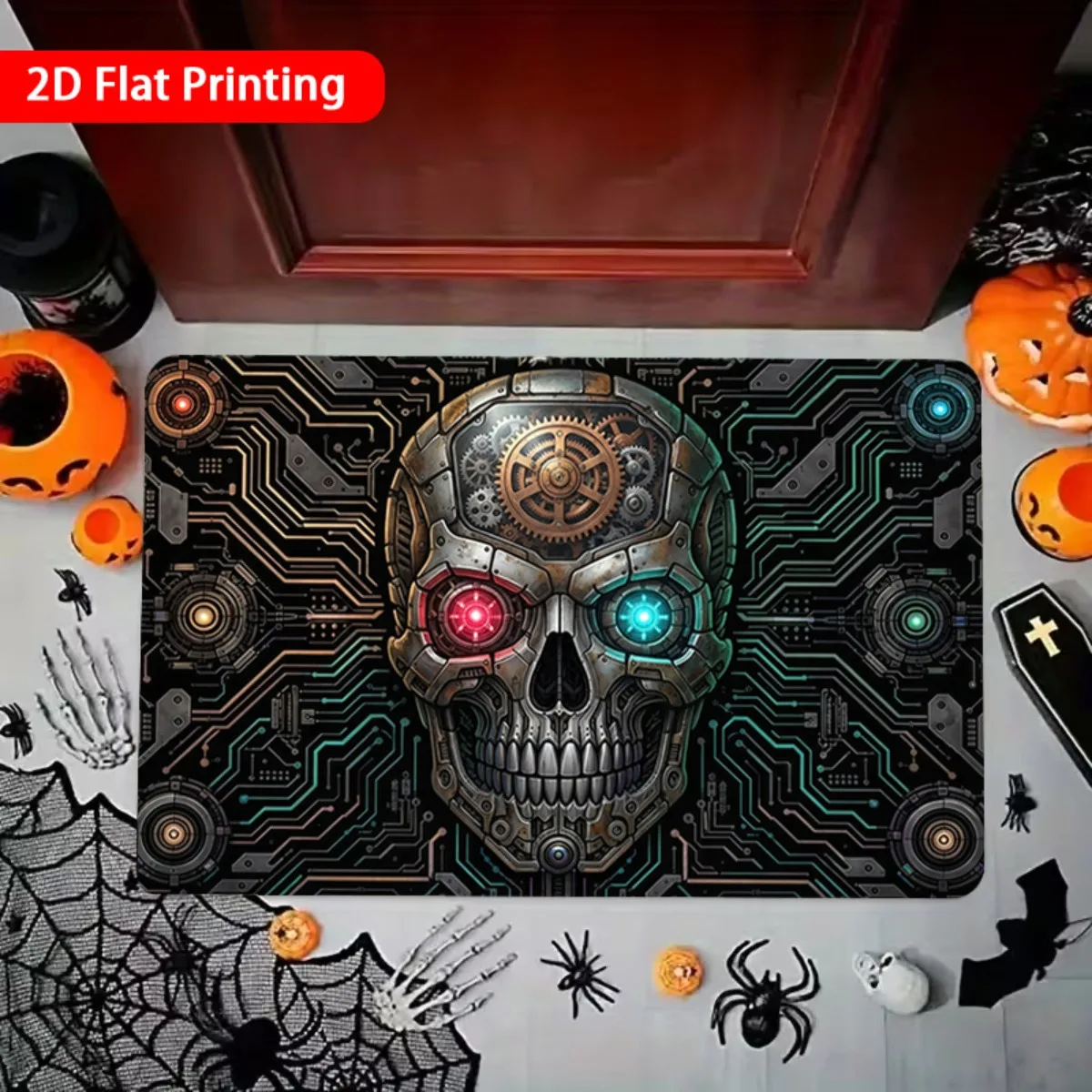 1pc Cyberpunk‑Skull‑Circuit‑Gear‑Print Area Rug, 2D Flat Print, Soft Flannel Floor Mat for Shower, Bedroom, Entryway, Home Decor