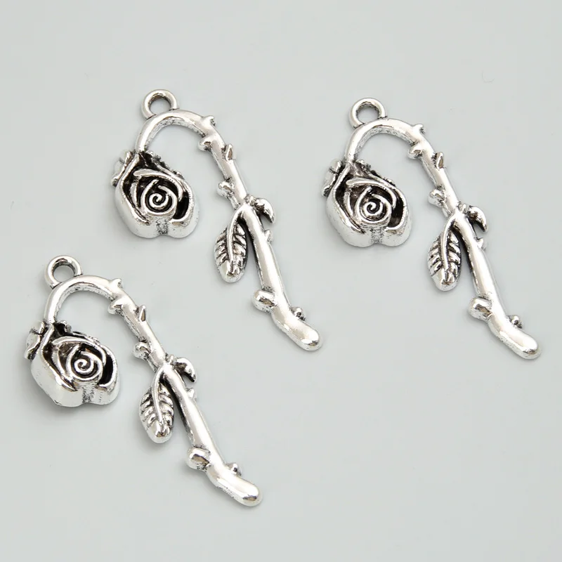 20pcs Silver Color 39x17mm Rose Flower Charms Plants Pendant For DIY Handmade Metal Alloy Jewelry Making Finding Supplies