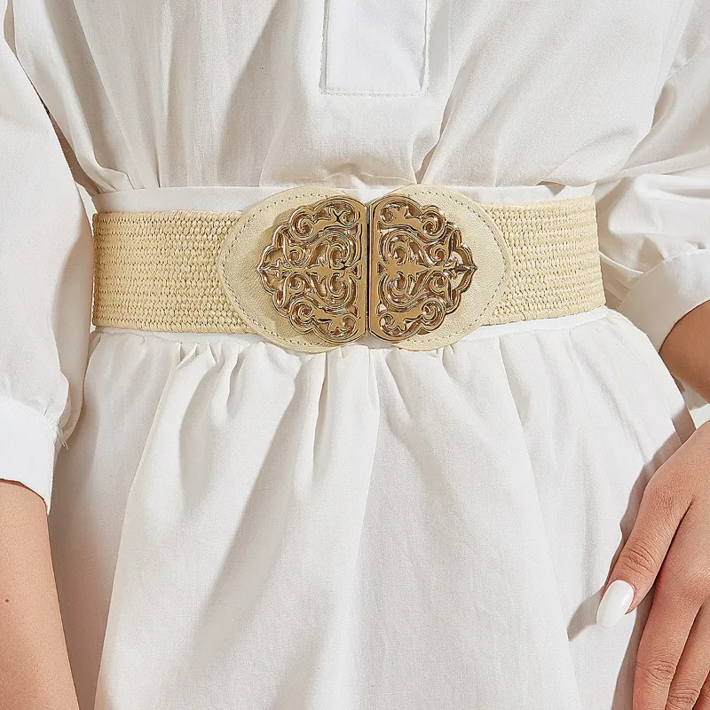 

Beige Elastic Wide Belt Korea Weaving Women Dress Clothing Accessories Fashion Casual Adjustable Belt Women New