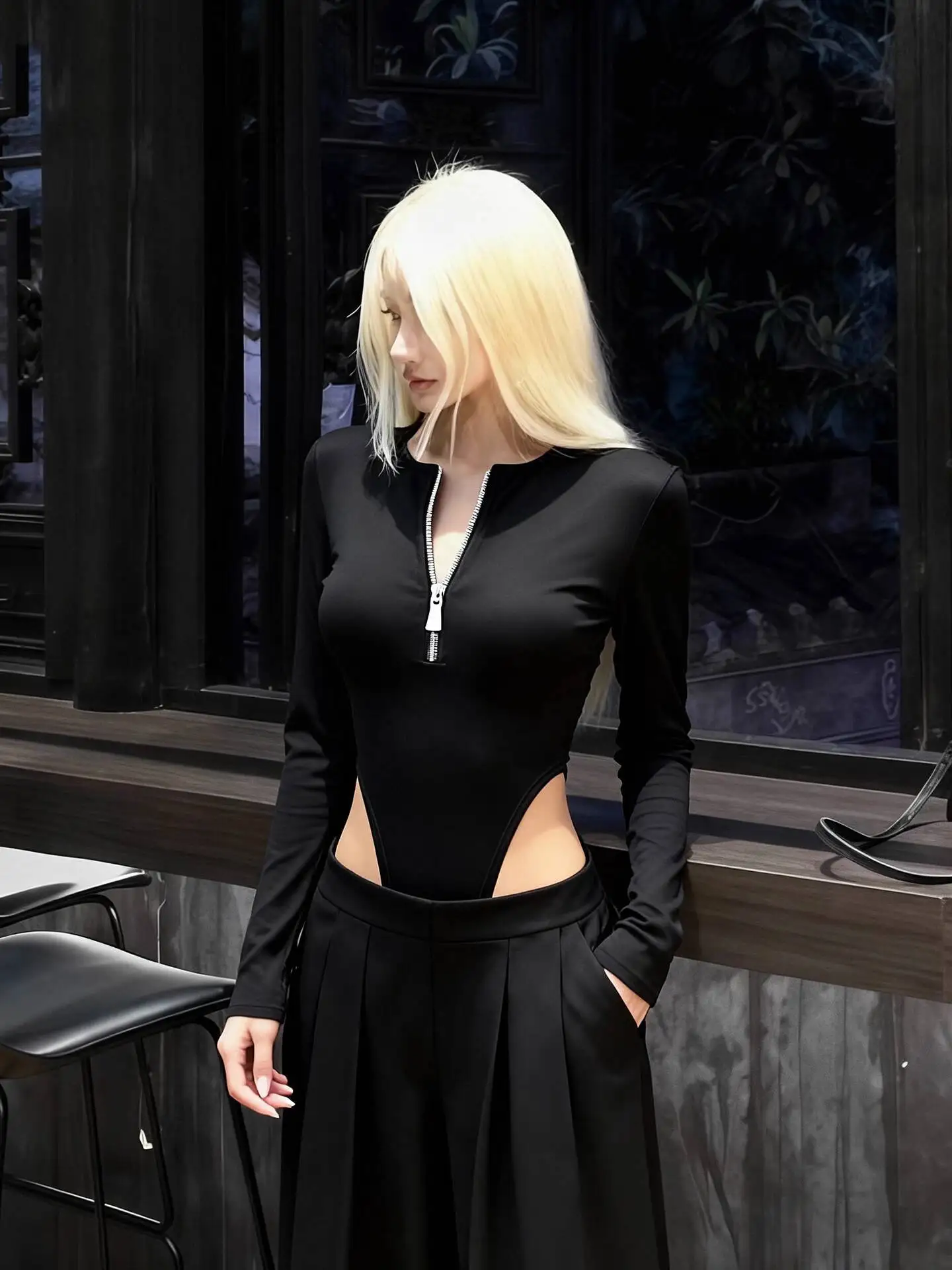 

Gothic Punk Women Jumpsuit 2025 Autumn New Bodysuit Retro Black Half Zip Long Sleeve Edgy Niche Slim Fit Top