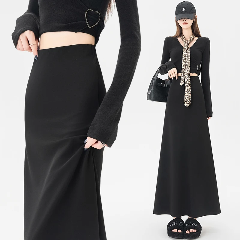 

Женская черная юбка-карандаш для костюма, осенняя новая тонкая юбка трапециевидной формы с высокой талией, офисная рабочая юбка средней длины с струящимся висячим ощущением