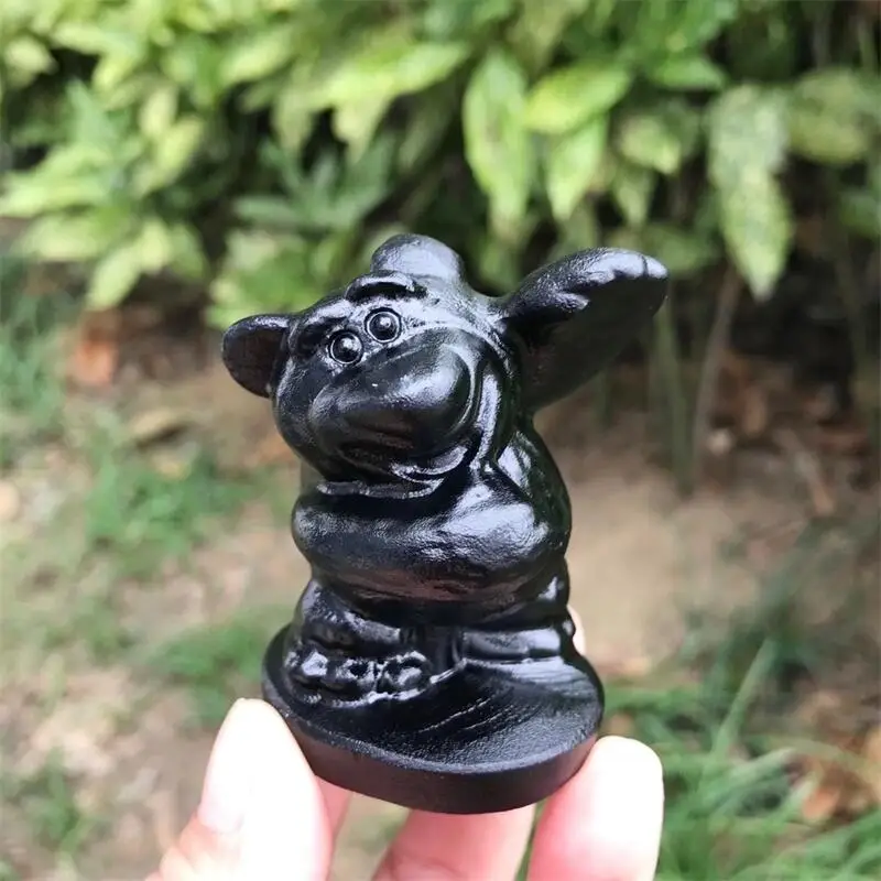 

Natural Black Obsidian Cartoon Bear Carving Craft Gift Feng Shui For Home Decoration Stone Statues 1pcs