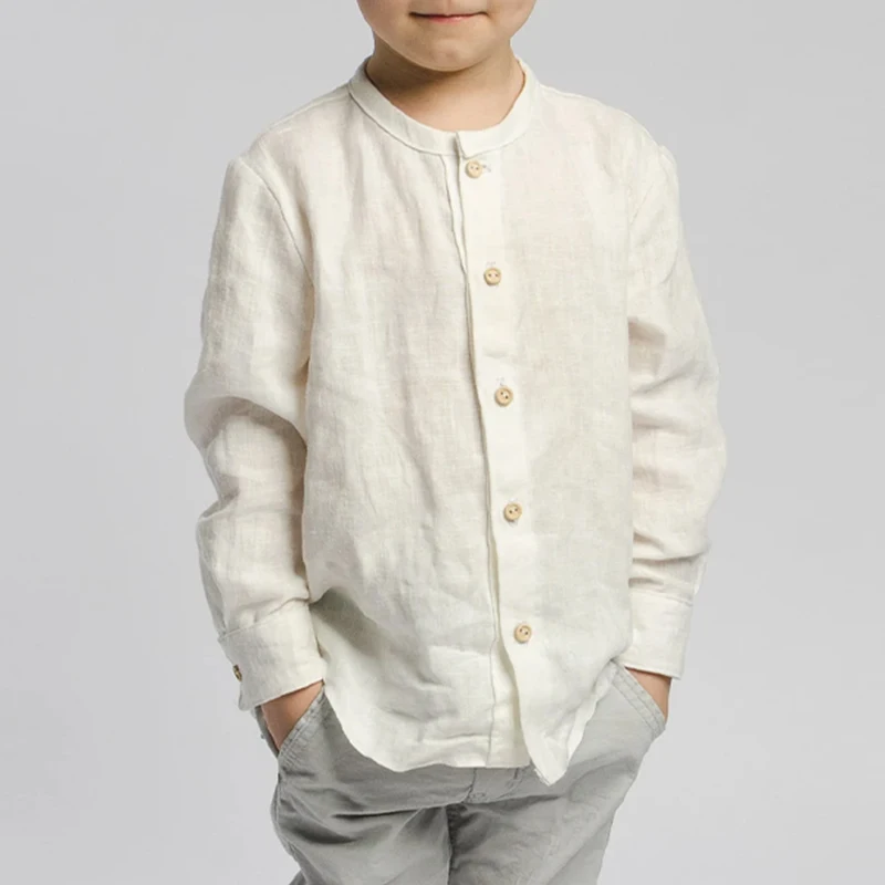 Children's Retro Linen Shirt Long Sleeved White Boys' Spring New Item Children's Casual Cotton And Linen Shirt 아동상의 рубашка,