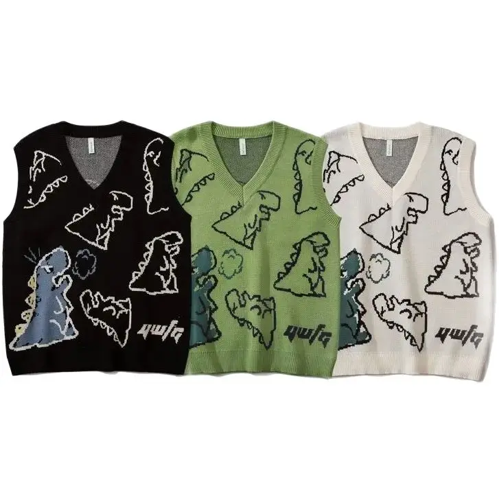 

Knitted Sweater Vest Women Retro Dinosaur Print College Style 2024 Loose And Versatile Pullover Vest