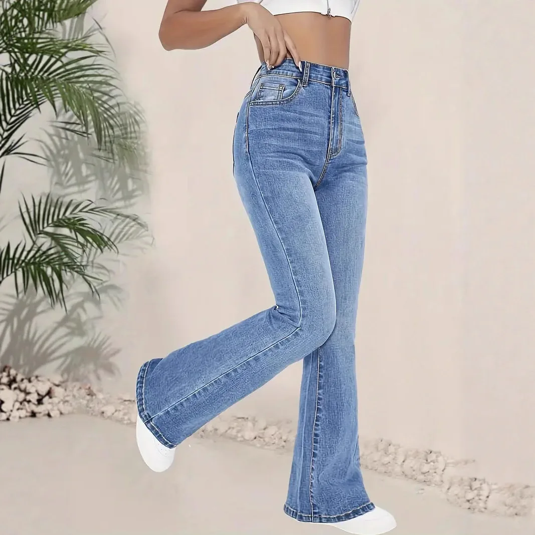 جينز نسائي عالي الخصر بقصة ضيقة من قماش الدنيم المطاطي سروال طويل متعدد الاستخدامات عالي المرونة أوروبي Sle لون عميق