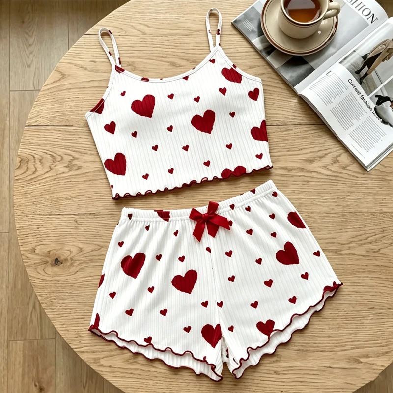1 Sets Heart Print Bowknot Sleepwear Vest and Shorts Pajamas Set Women Ventilate Suspenders Loungewear Summer Casual Sleepwear