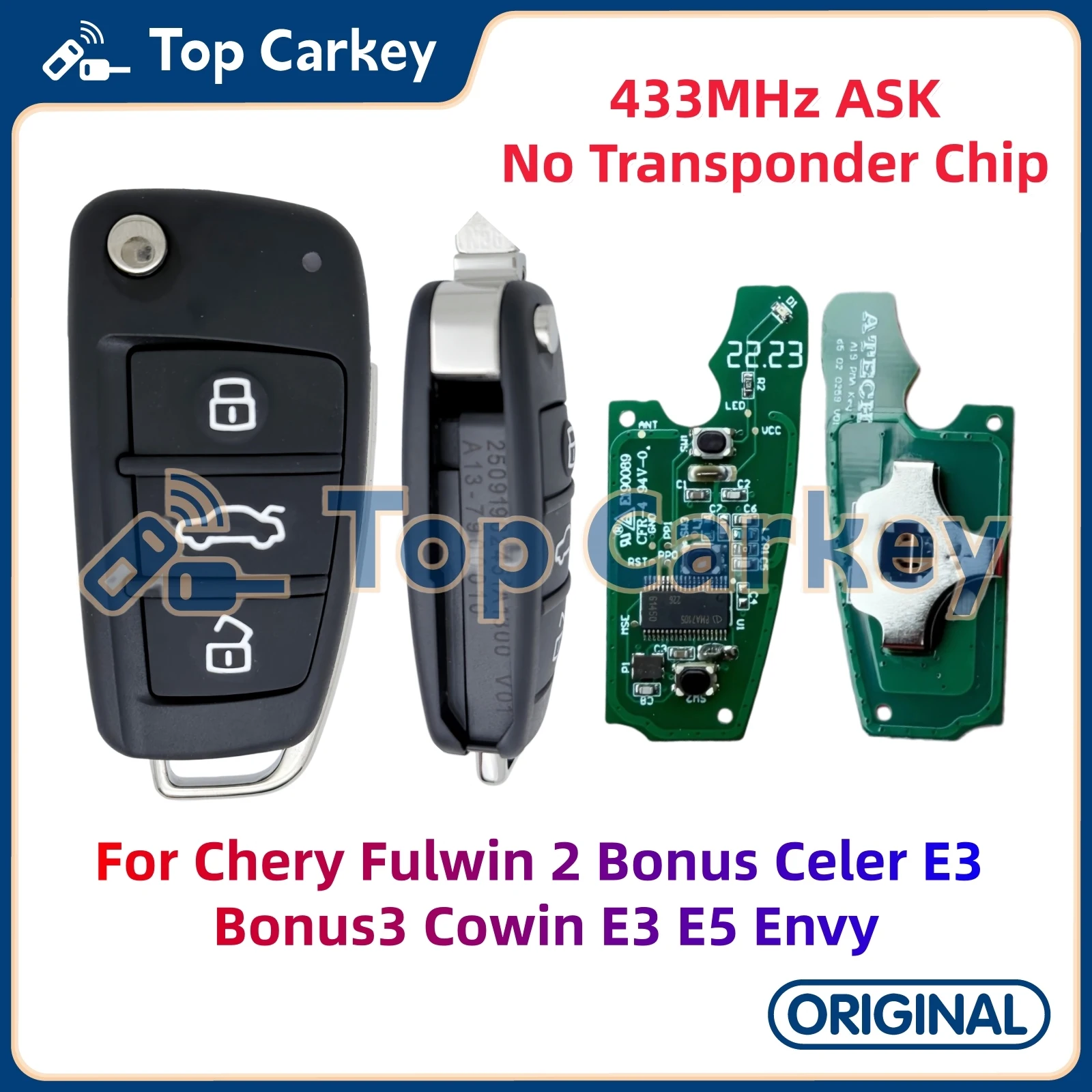 TopCarkey Original Flip Remote Key 433MHz OEM Key Shell Case for Chery Fulwin 2 Bonus Celer E3 Bonus3 Cowin E3 E5 Envy
