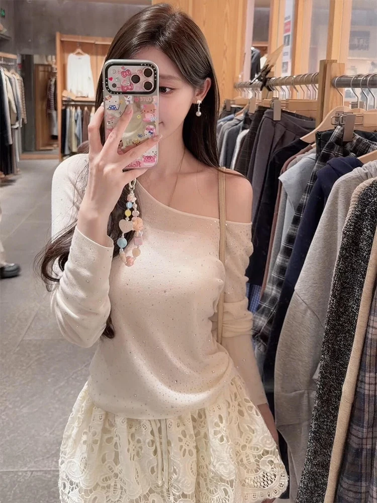 Cleanfit Style Long Sleeve T-Shirt Women's Summer New Sweet See-through Beautiful Drill-knitwear Irregular Shoulder Design