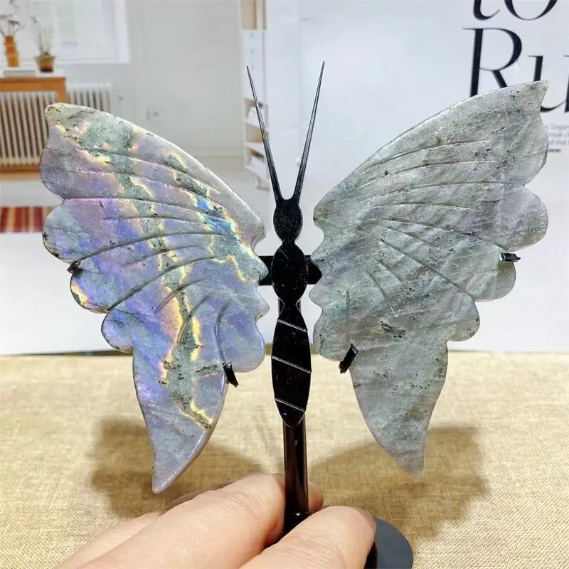 Natural Purple Labradorite Butterfly Wings Crystal Crafts Healing Gemstone Girl Birthday Present Home Decoration 1pair