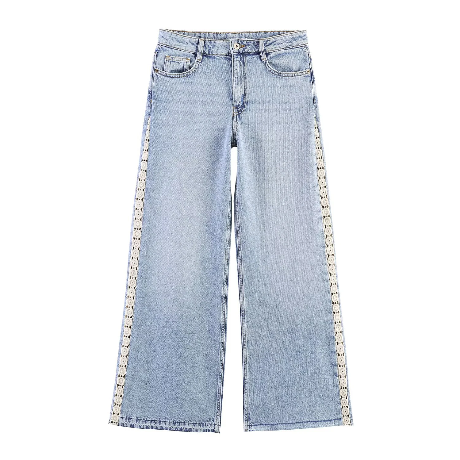 

2026 Summer New Product Women's High Waist Washed Loose Wide Leg Splicing Crochet Wide Leg Pants Jeans