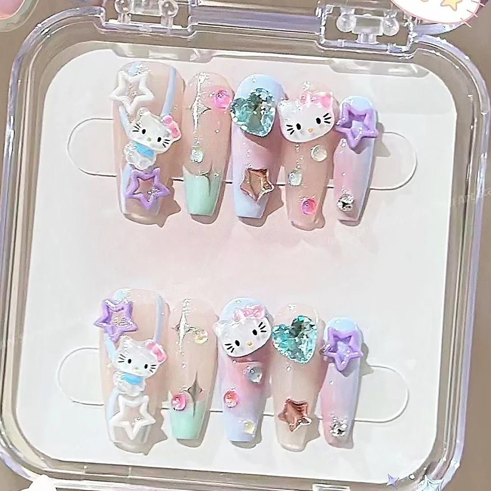 Nieuwe Sanrio Y 2K Dopamine-Gekleurde Hellokitty-Sterren Dragen Nageldiamanten Vers En Schattig Verwijderbaar Verjaardagsfeestje Mid-Length Manicure