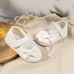 Chaussures en cuir PU à semelle en caoutchouc pour bébés filles, chaussures plates à nœud papillon de qualité supérieure, robe de princesse de mariage, chaussures de baptême