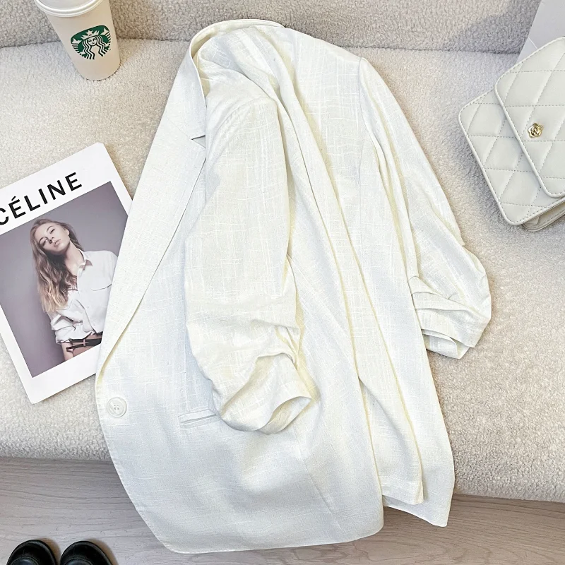 French White Thin Spring Autumn Cropped Sleeve Suit Jacket Women's Leisure Fashion Loose Basic Elegant Commuting Lady Suits