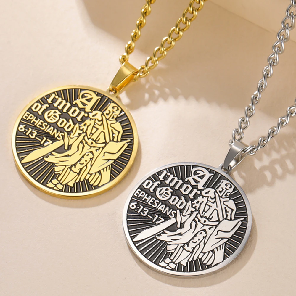 Dawapara Armor of God Necklace Shield of Faith Ephesians 6:13 Enamel Pendant Protection Talisman Stainless Steel Jewelry