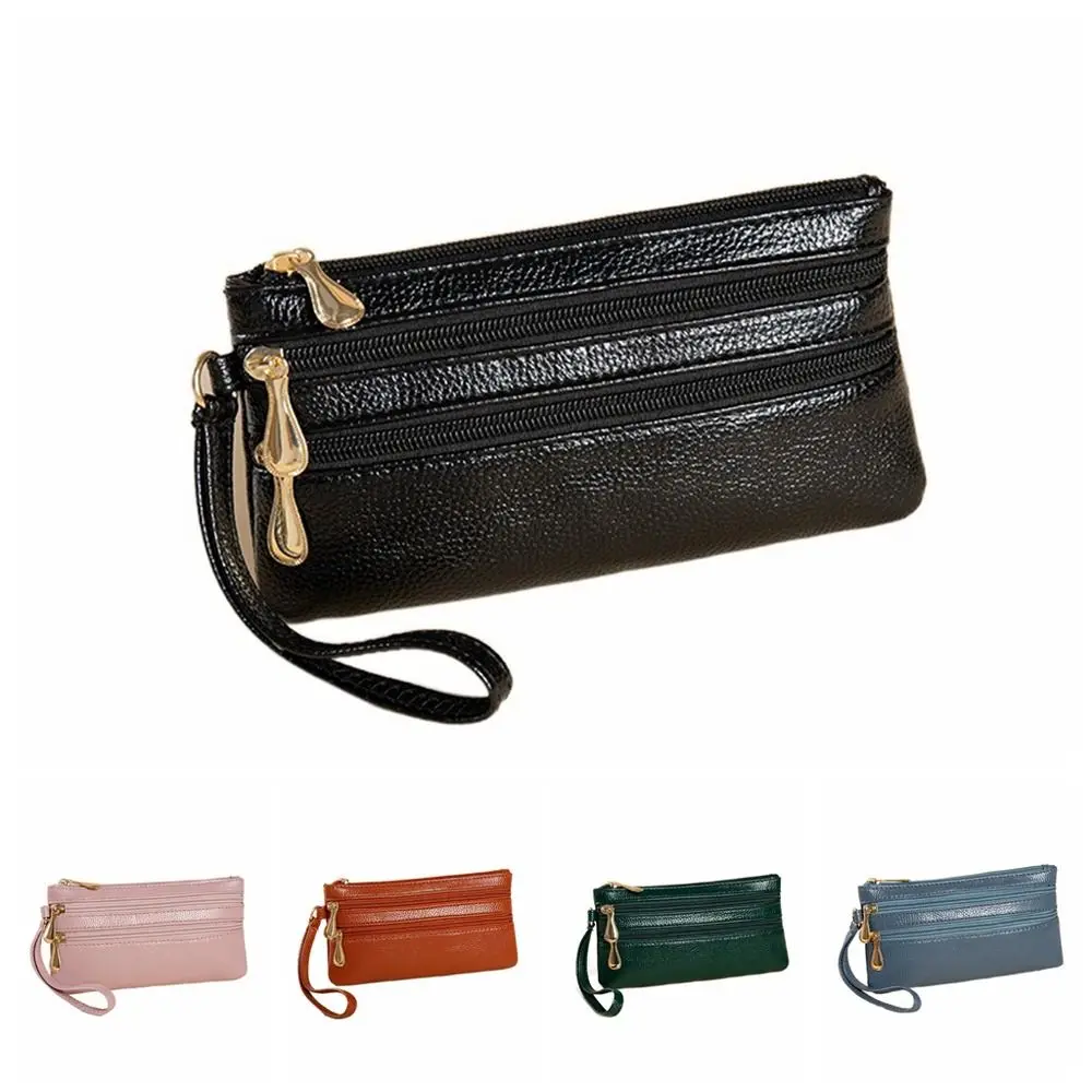 Solid Color Two Zipper Coin Purse Large Capacity Multi-pocket Lychee Pattern Long Wallet Card Holder Storage Bag Female/Male