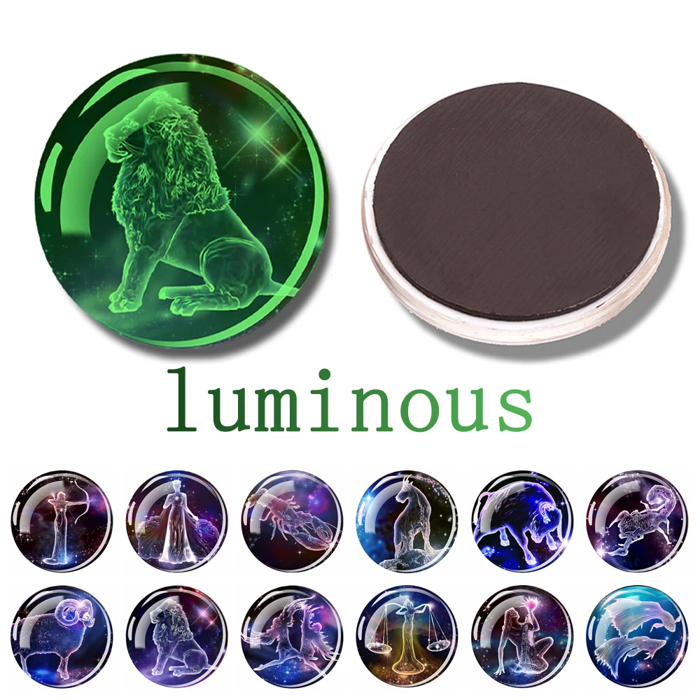 Glow In The Dark Magnets 12 Constellations Zodiac Signs Stickers  Luminous Glass Dome Cabochon Refrigerator Magnets Home Decor