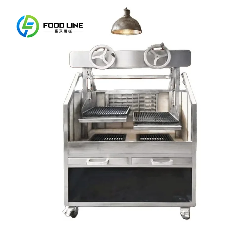 Customized wood fire roaster charcoal bbq grill movable metal height adjustable for hotel restaurant catering projects