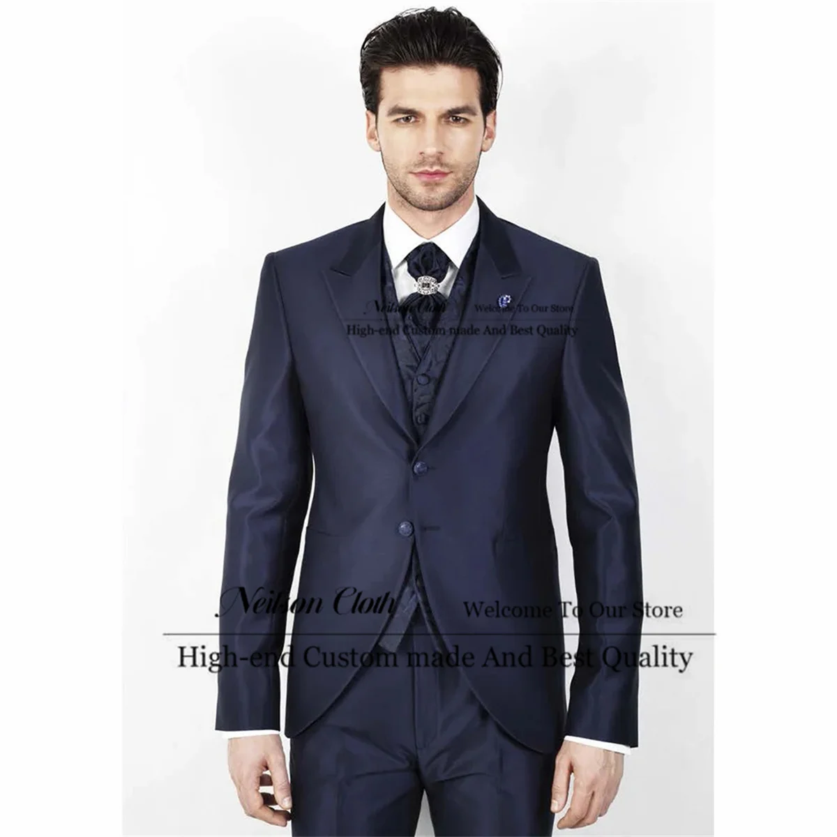 

Formal Business Male Prom Blazers Navy Blue Groom Wedding Tuxedos 3 Pieces Sets Men Suits Slim Fit Peaked Lapel Terno Masculino