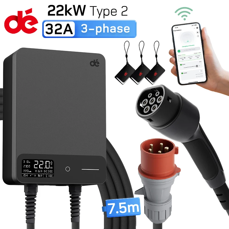 dé 22kW Wallbox Typ 2 mit Tuya Smart App, 32A 3-Phasen EV-Ladestation, EVSE Elektroauto-Ladegerät, RFID-Kartensteuerung, 5m, 7,5m, 10m, 12,5m, 15m Kabeloption