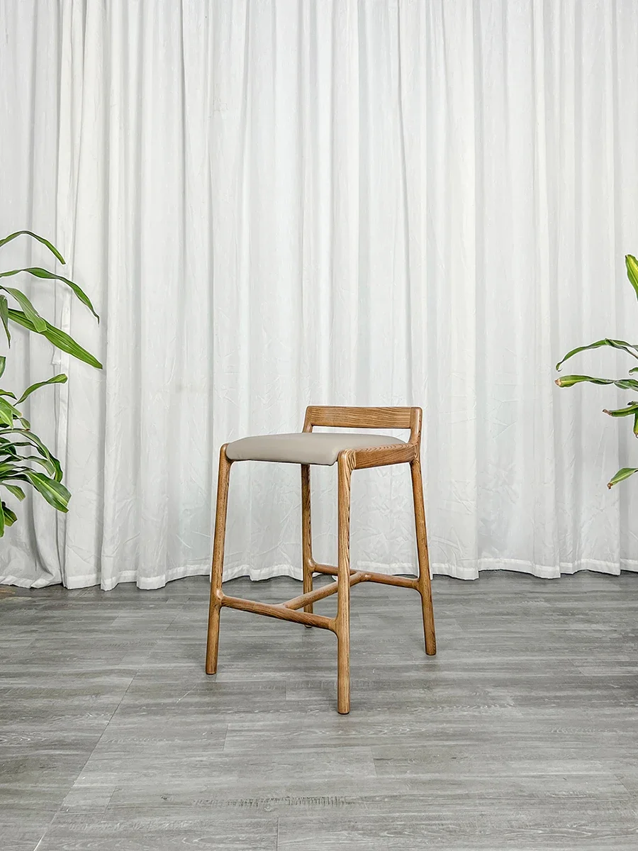 Wholesale modern High tall stool leather seat pub luxury wooden bar stool ash solid wood bar chairs with backrest