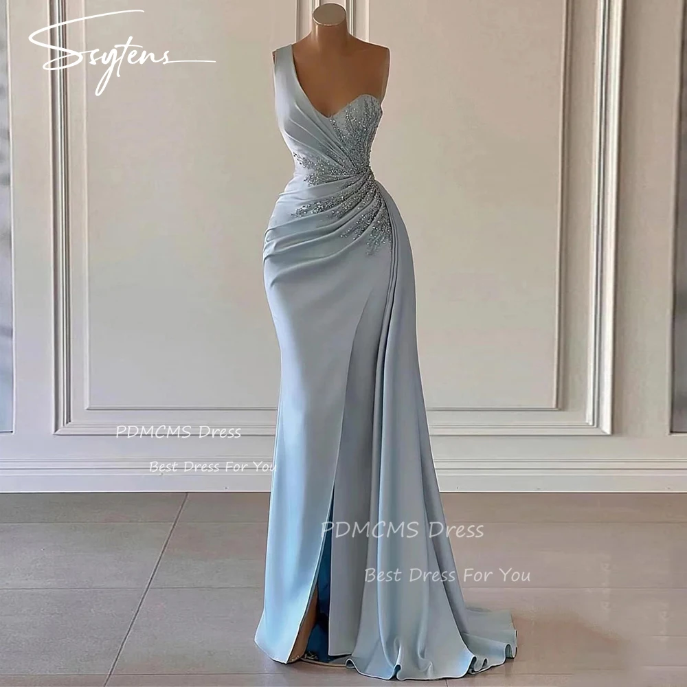 Sexy One Shoulder Prom Evening Dresses Customized Beaded Party Dress Sky Blue Split Mermaid Floor Cocktail Prom Gowns Plus Size