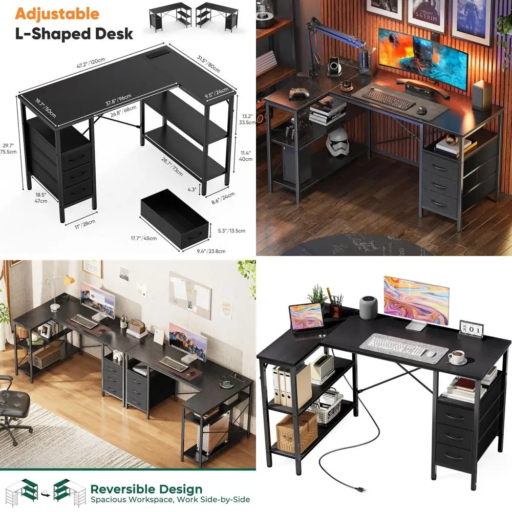Mesa de Jogos em L de 47 Polegadas com 3 Gavetas, Preta, para Trabalho, Home Office, Estudo com Tomadas Elétricas