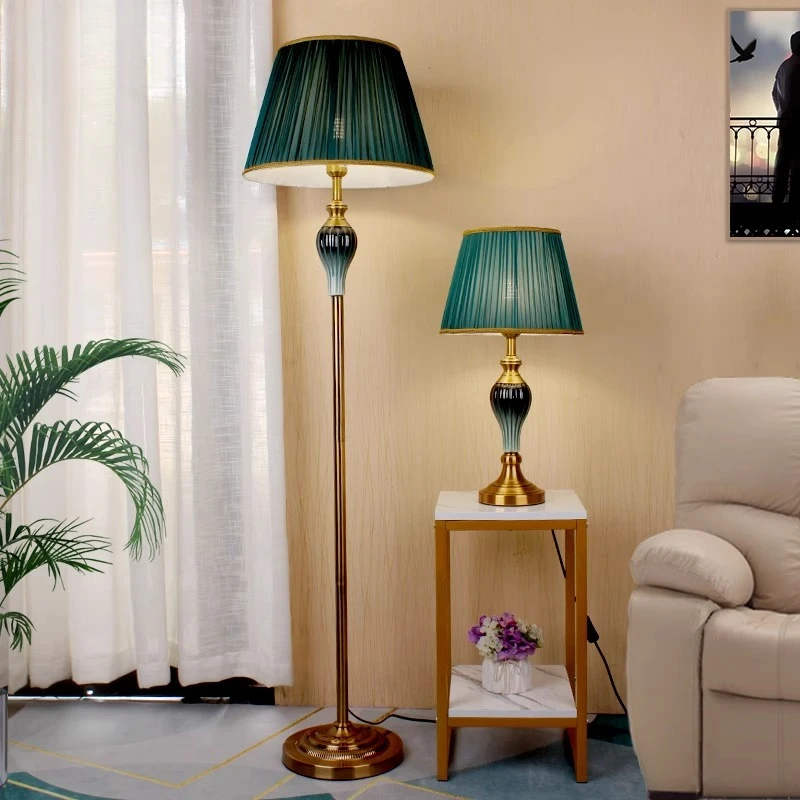 American Retro Wrought Iron Ceramics Floor Lamps Pleated Fabric Lampshade Living Room Bedroom Restaurant Office Standing Lights