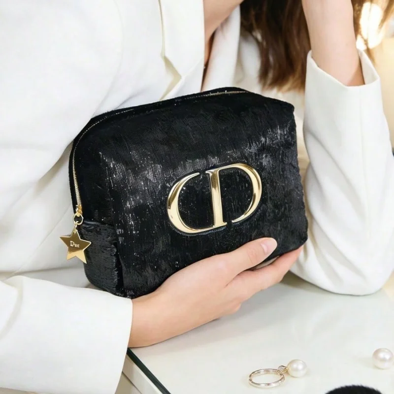 Christian Dior Dior’s bag Vintage Luxury Black Velvet Women Purse Embossed Gold Logo Multi-use Clutch Handbag Portable Cosmetic view 3