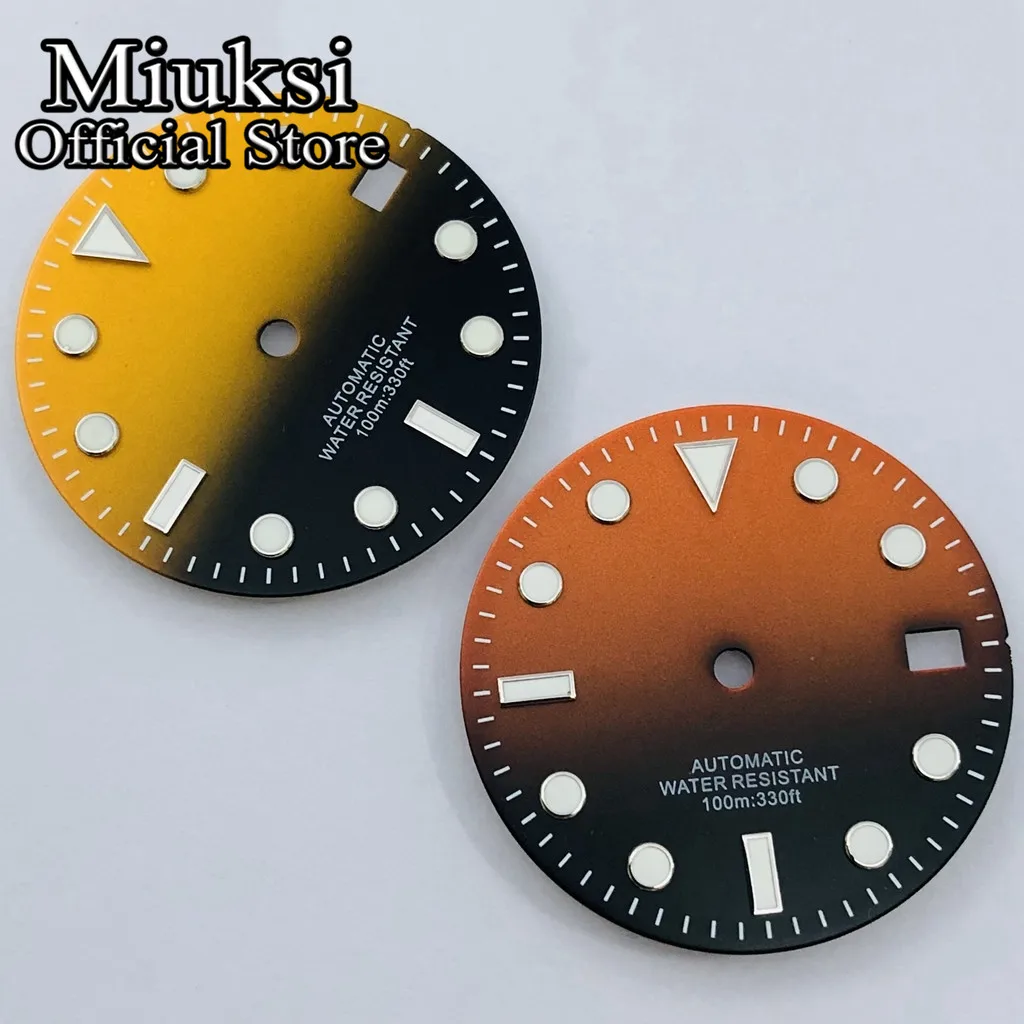 Miuksi 29mm black green yellow orange watch dial fit NH35 movement fit 3 o\'clock crown 3.8 o\'clock crown