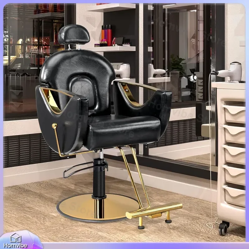 Retro Black and Gold Hydraulic Hair Salon Chair 360 Degree Rotating Barber Chair with Foot Pedal for Hair Cutting Styling