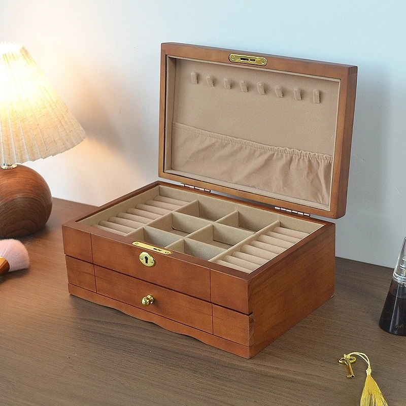 Necklace Jewelry Box Jewelers Large Ring Organizer Boxes Wedding Jewellery Storage Case Solid Wood Retro Trinket Cases with Lock