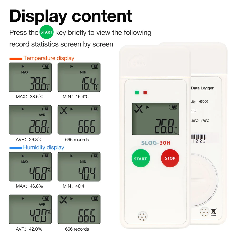 USB مسجل بيانات درجة الحرارة مسجل درجة الحرارة 65000 نقطة تسجيل قابلة لإعادة الاستخدام مراقبة درجة الحرارة PDF تقرير مسجل لسلسلة الباردة