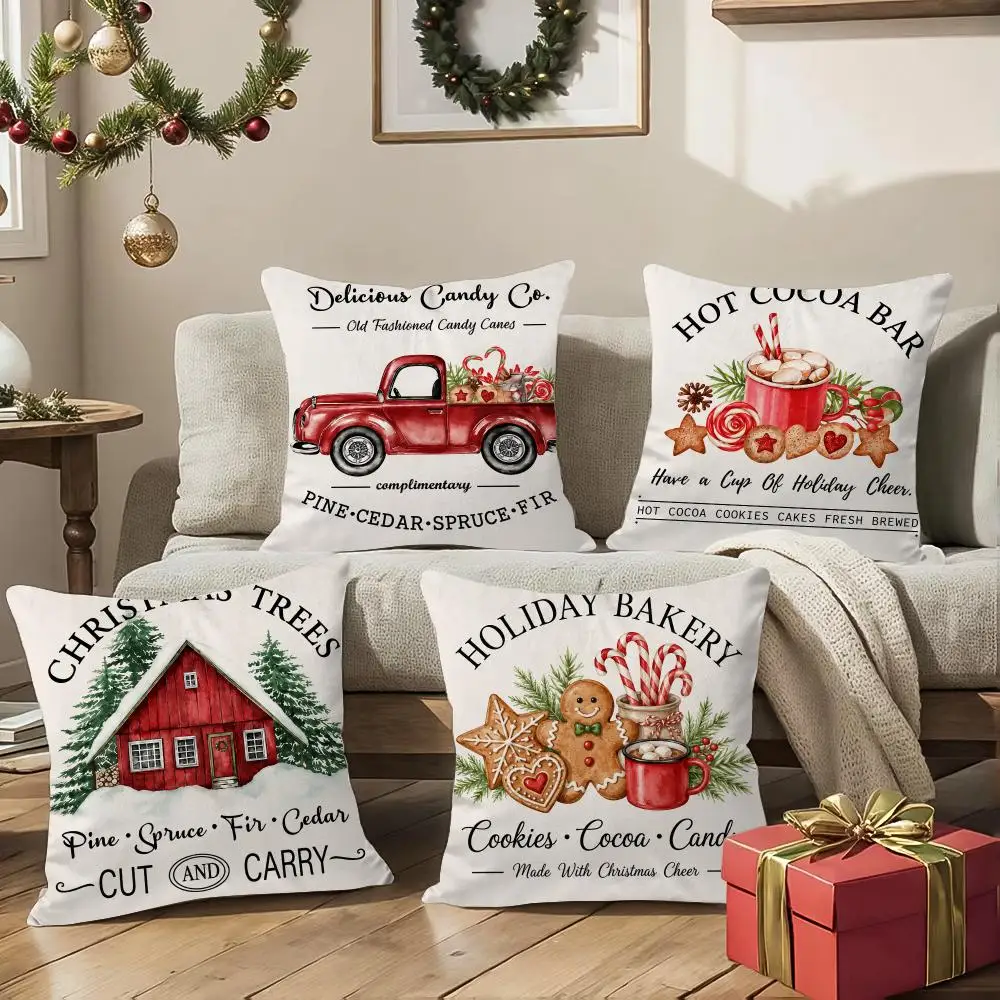 4PC Christmas Truck Village Cushion Cover Soft Short Plush Double-Sided Print Throw Pillow Case Home Decor Festival Gift