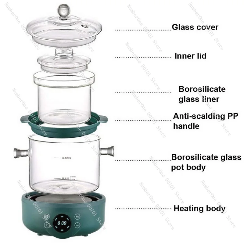 1.5L Smart Health Pot Home High Borosilicate Glass Soup Porridge Split Pot Multi-function Tea Maker Water-proof Stewing 220V