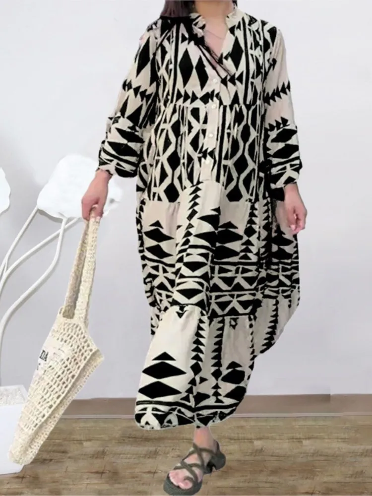 Spring Autumn Women\'s New Fashionable Printed Shirt Skirt Sexy V-neck Nine Quarter Sleeve Bohemian Button Dress